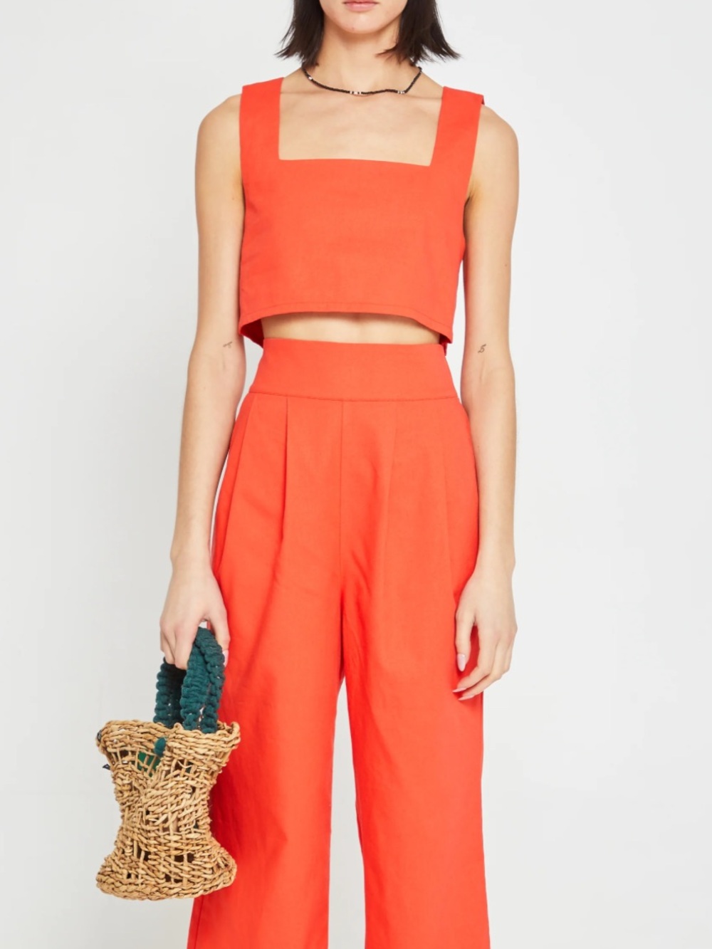 Kourt Few Moda Orange Square Neck Linen Blend Crop Top Size Large